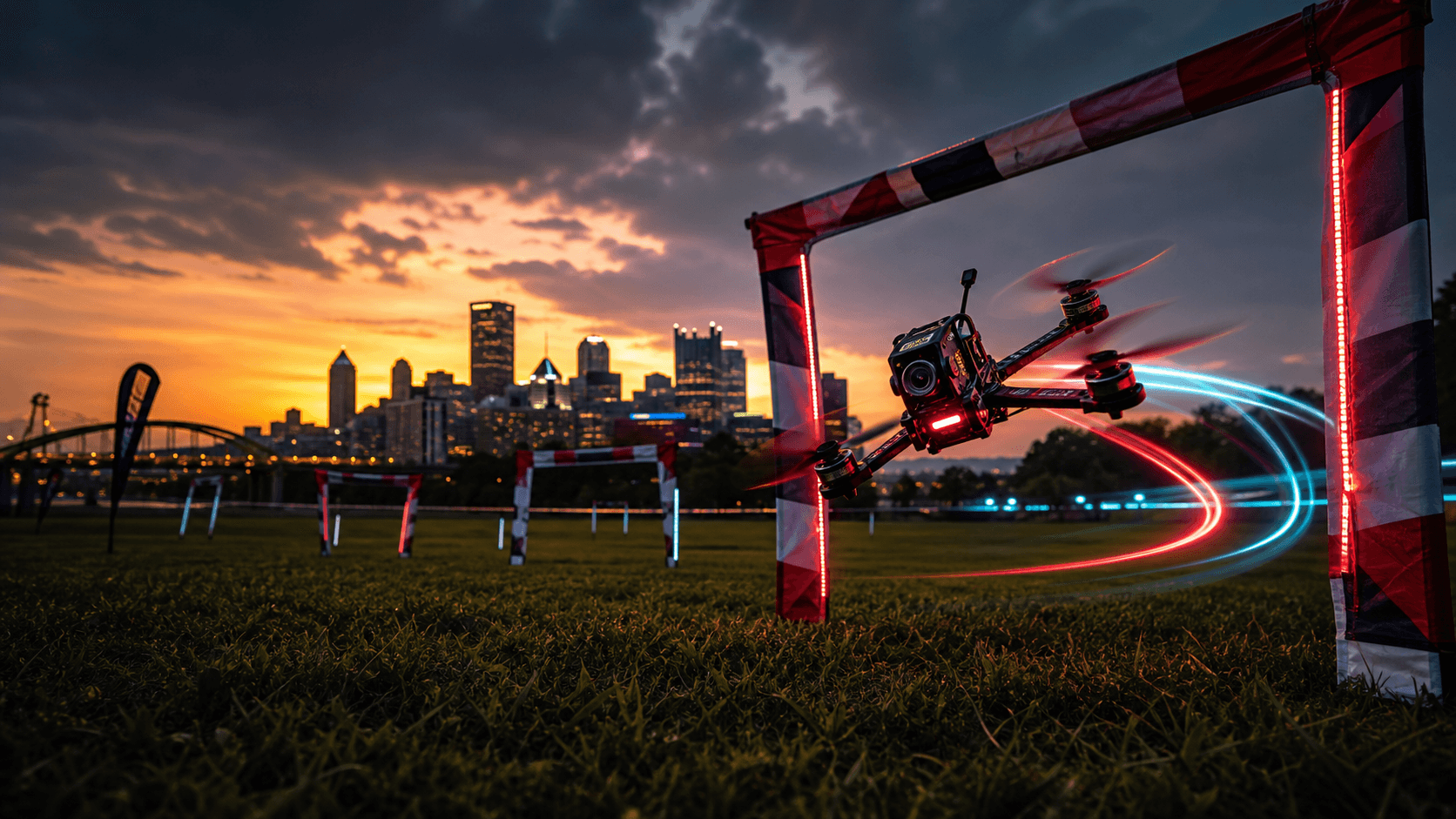 FPV racing drone flying through gates in an open Pittsburgh field